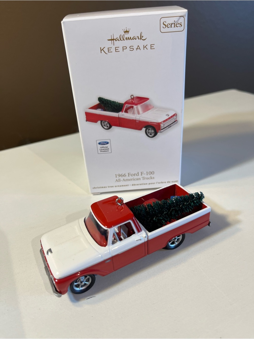 Hallmark Red and White 1966 Ford F-100 Truck Ornament with Mini Tree